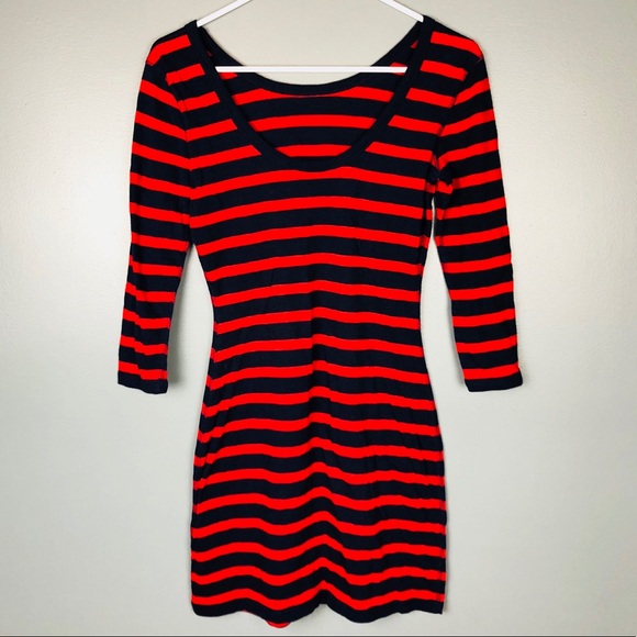 Express cotton red and navy blue stripe dress, a23 - Picture 3 of 5